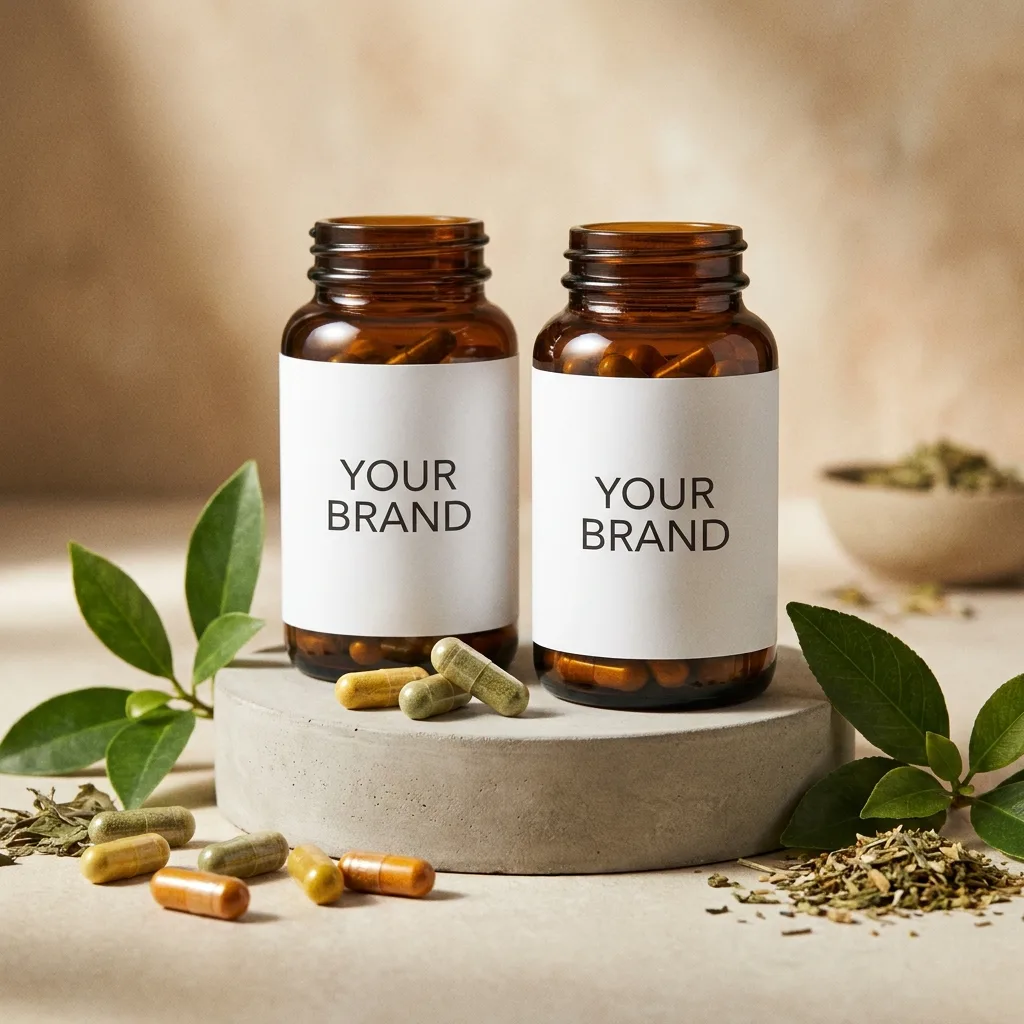 Health supplement capsules and a jar on a concrete pedestal
