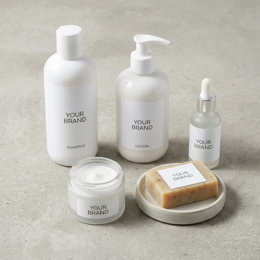 A lineup of cosmetic packaging on a concrete surface