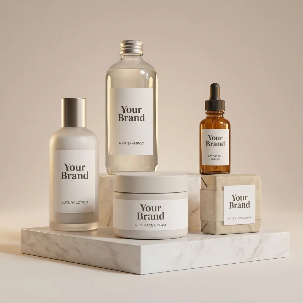 Cosmetics displayed on a marble pedestal