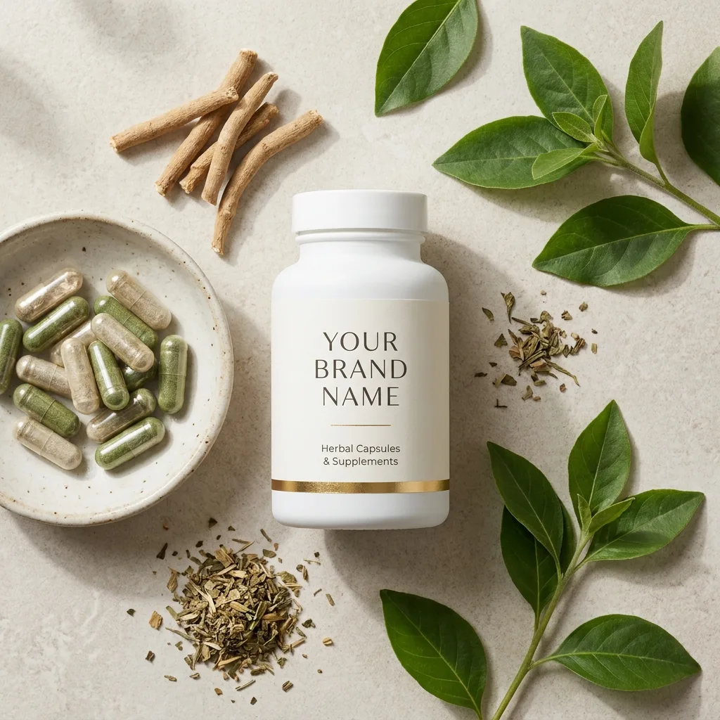 Herbal supplement bottle with capsules spilling beside it