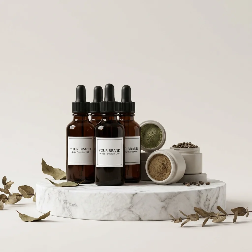 Herbal wellness products arranged on a podium
