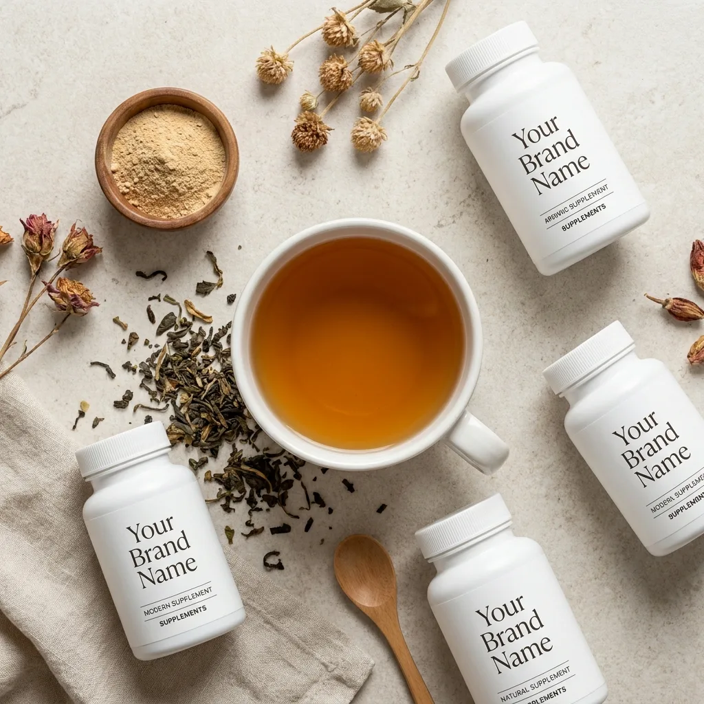 Organic tea packaging displayed with supplement jars