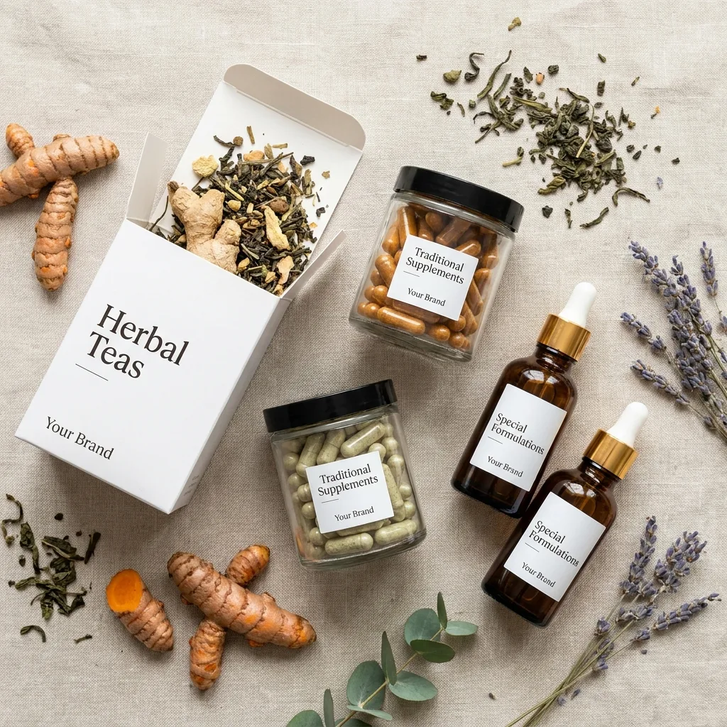 Flatlay of private label herbal teas, supplement jars and dropper bottles, each labelled Your Brand