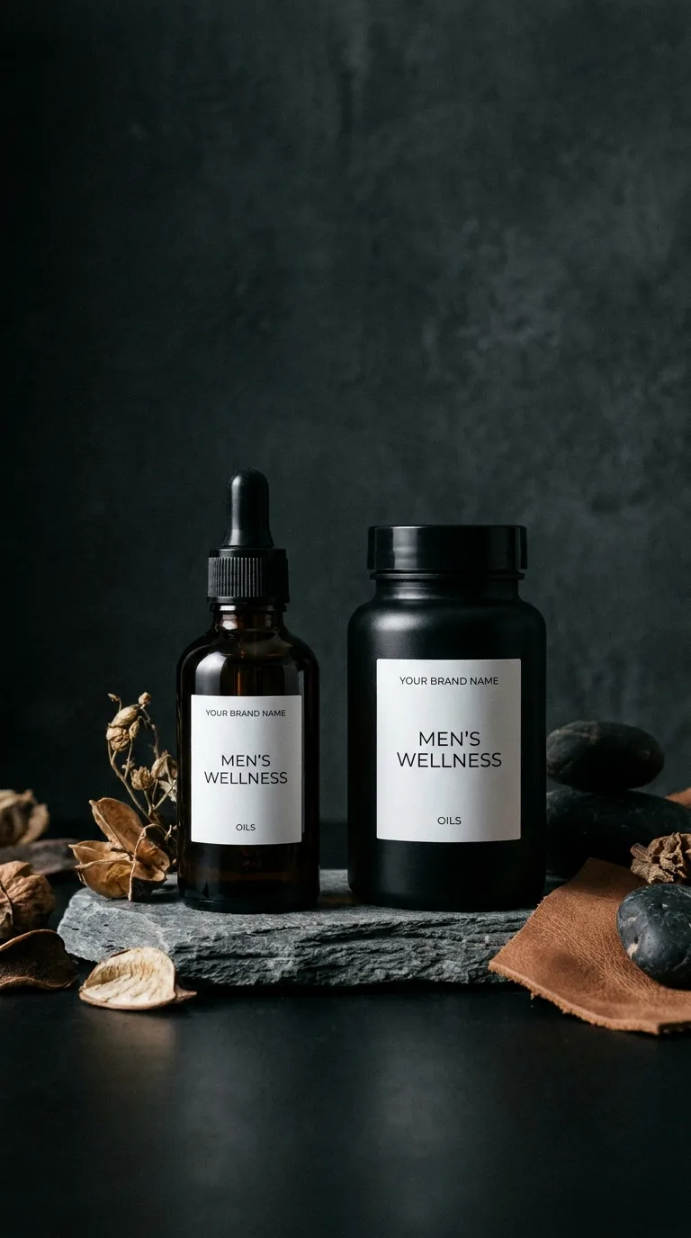 Wellness oil and supplement bottles labelled Your Brand, standing together