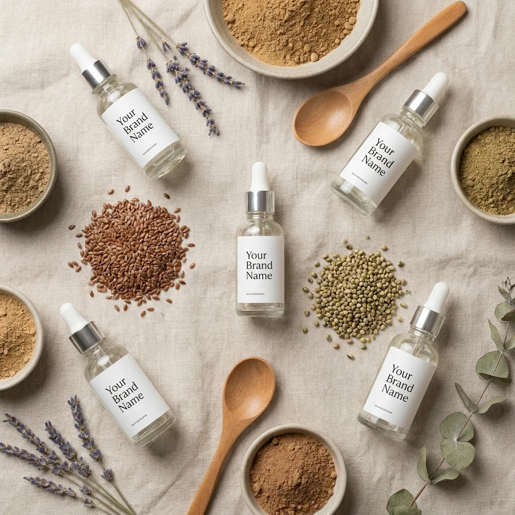 Flatlay of wellness oils with raw botanical materials